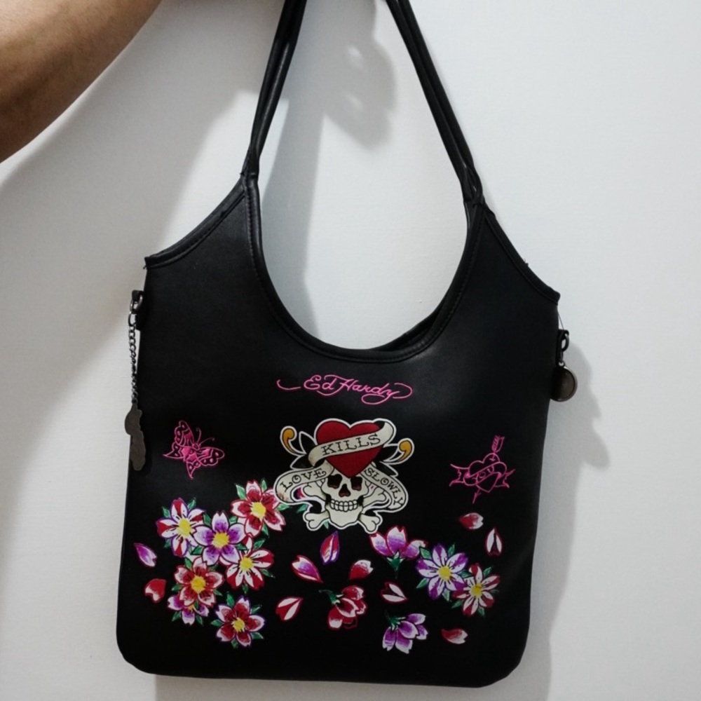 Ed Hardy Black Shoulder Bag with Floral and Skull Design